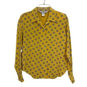 VTG Austin Reed Silk Button Down Yellow Heart Print Long‎ Sleeve Top Sz L NWOT